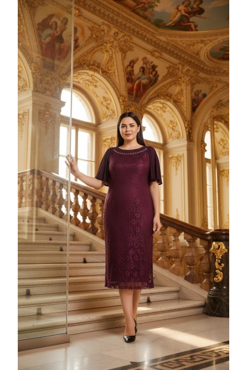 Nidya Moda Büyük Beden Kadın Mürdüm  Yaka Taşlı Dantel  Abiye Elbise-4026DM