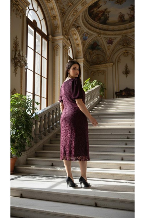 Nidya Moda Büyük Beden Kadın Mürdüm  Yaka Taşlı Dantel  Abiye Elbise-4026DM