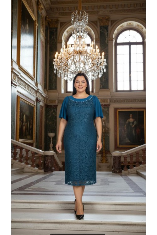 Nidya Moda Büyük Beden Kadın Petrol Yaka Taşlı Dantel  Abiye Elbise-4026DP