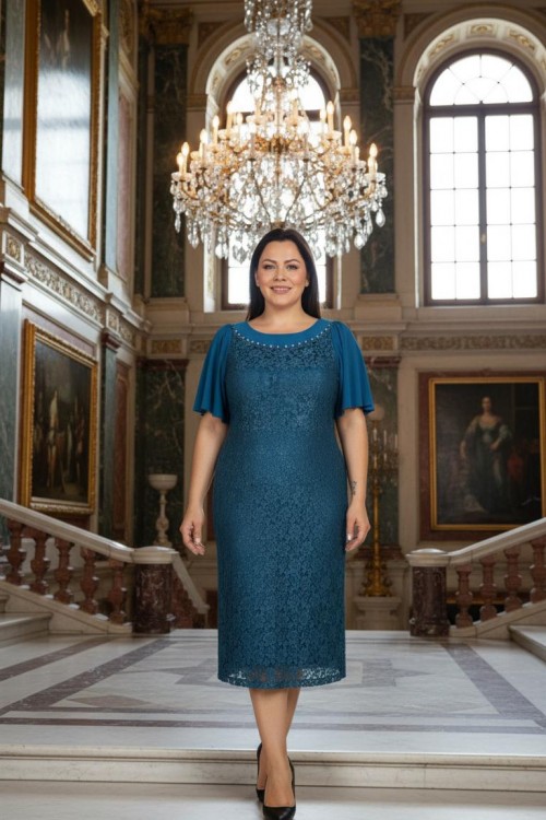 Nidya Moda Büyük Beden Kadın Petrol Yaka Taşlı Dantel  Abiye Elbise-4026DP