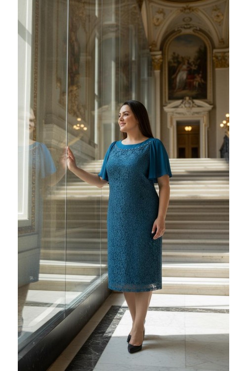 Nidya Moda Büyük Beden Kadın Petrol Yaka Taşlı Dantel  Abiye Elbise-4026DP