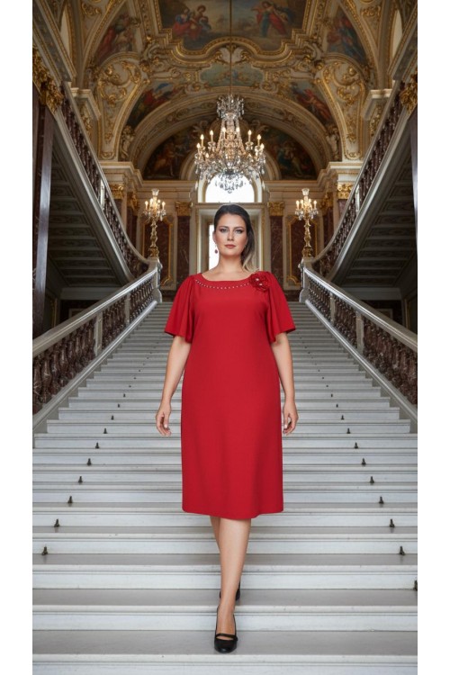 Nidya Moda Büyük Beden Kadın Kırmızı  Yaka Taşlı Çiçek Aksesuarlı Sandy Abiye Elbise-4026K