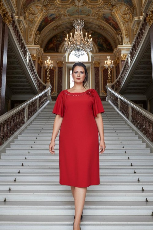 Nidya Moda Büyük Beden Kadın Kırmızı  Yaka Taşlı Çiçek Aksesuarlı Sandy Abiye Elbise-4026K