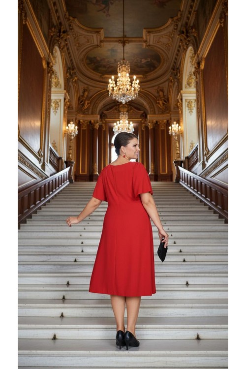 Nidya Moda Büyük Beden Kadın Kırmızı  Yaka Taşlı Çiçek Aksesuarlı Sandy Abiye Elbise-4026K