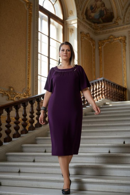 Nidya Moda Büyük Beden Kadın Mürdüm Yaka Taşlı Çiçek Aksesuar Sandy Abiye Elbise-4026M