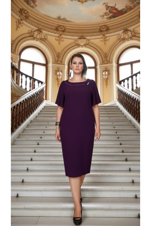 Nidya Moda Büyük Beden Kadın Mürdüm Yaka Taşlı Çiçek Aksesuar Sandy Abiye Elbise-4026M