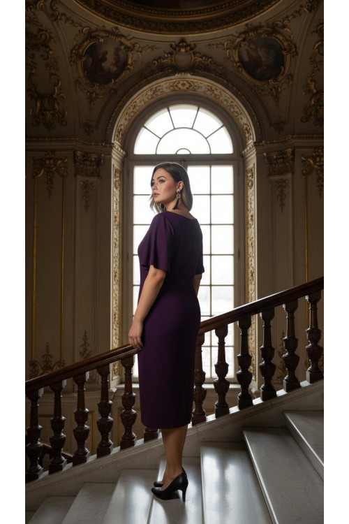 Nidya Moda Büyük Beden Kadın Mürdüm Yaka Taşlı Çiçek Aksesuar Sandy Abiye Elbise-4026M