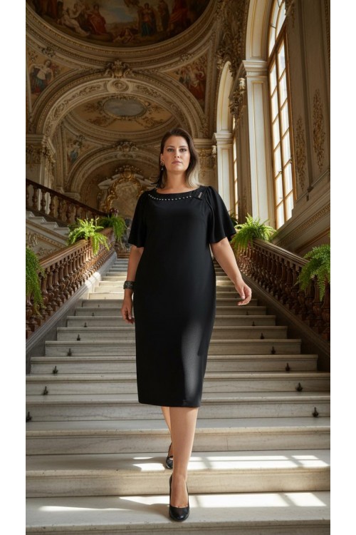 Nidya Moda Büyük Beden Kadın Siyah Yaka  Taşlı Aksesuarlı Sandy Abiye Elbise-4026S