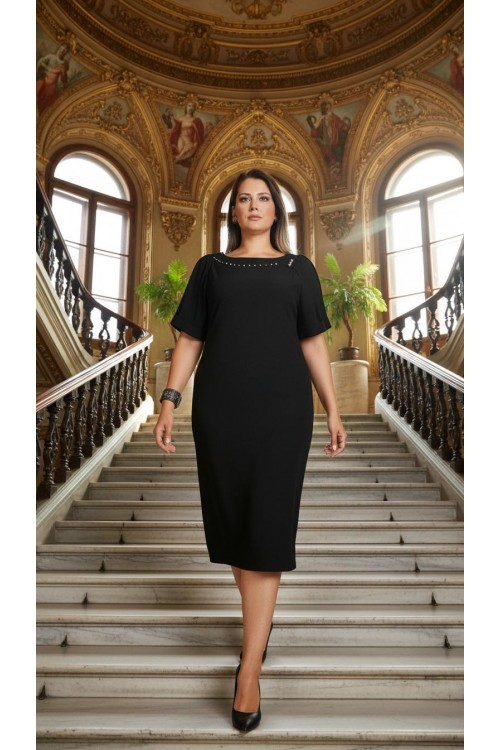 Nidya Moda Büyük Beden Kadın Siyah Yaka  Taşlı Aksesuarlı Sandy Abiye Elbise-4026S