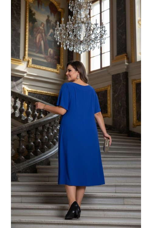 Nidya Moda Büyük Beden Kadın Saks Yaka Taşlı Çiçek Aksesuar Sandy Abiye Elbise-4026SX