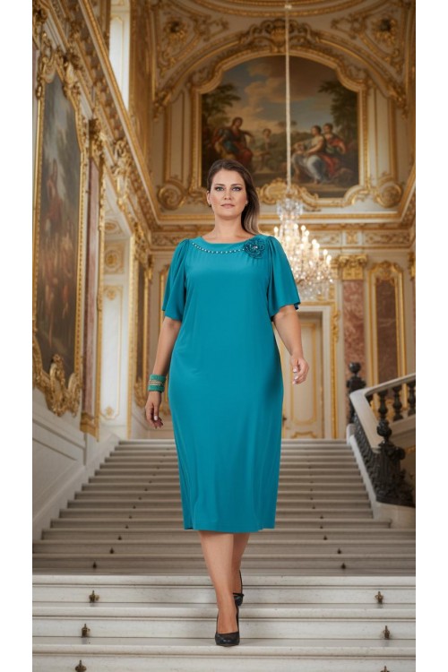 Nidya Moda Büyük Beden Kadın Turkuaz Yaka  Taşlı Aksesuarlı Sandy Abiye  Elbise-4026T