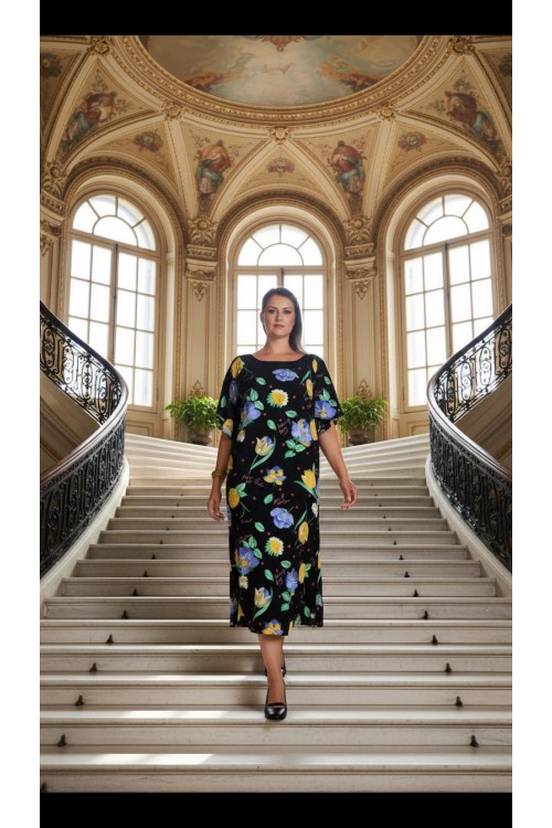 Nidya Moda Büyük Beden Kadın Siyah  Volan Kol Çiçekli Vual  Elbise-4026ÇS