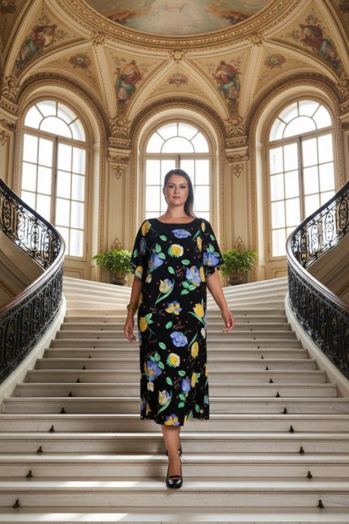 Nidya Moda Büyük Beden Kadın Siyah  Volan Kol Çiçekli Vual  Elbise-4026ÇS