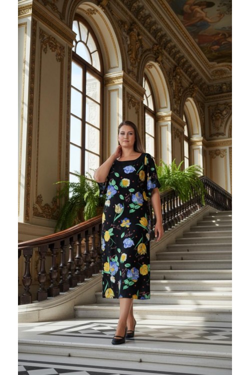 Nidya Moda Büyük Beden Kadın Siyah  Volan Kol Çiçekli Vual  Elbise-4026ÇS