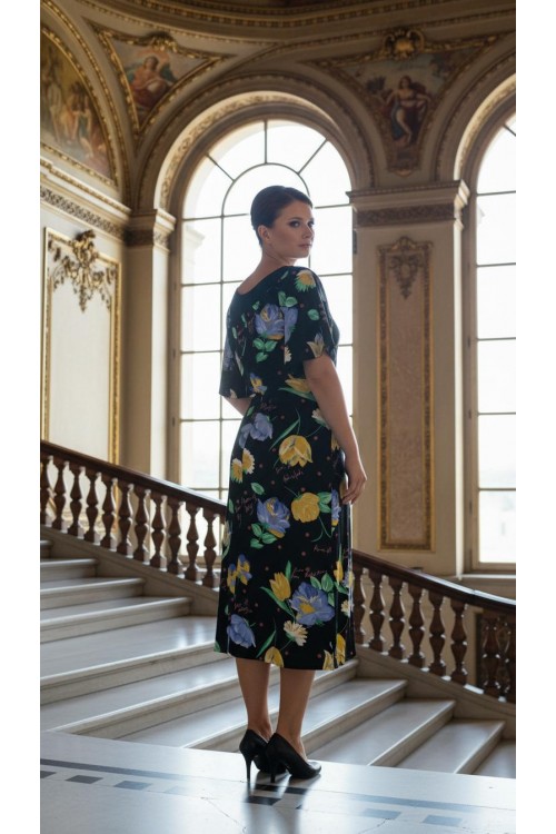 Nidya Moda Büyük Beden Kadın Siyah  Volan Kol Çiçekli Vual  Elbise-4026ÇS