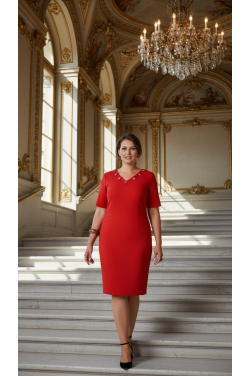 Nidya Moda Büyük Beden Kadın Kırmızı Yaka Taşlı Krep Abiye Elbise-4027K