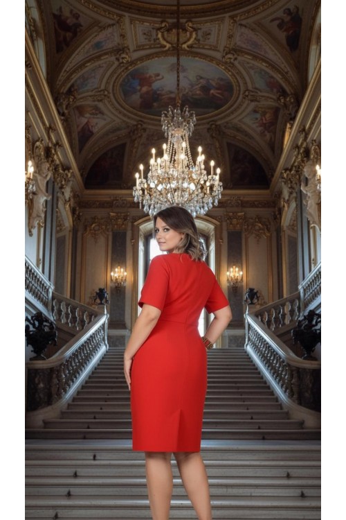 Nidya Moda Büyük Beden Kadın Kırmızı Yaka Taşlı Krep Abiye Elbise-4027K