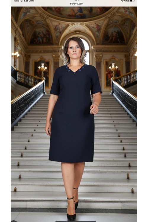 Nidya Moda Büyük Beden Kadın Lacivert  Taşlı Krep Abiye Elbise-4027L