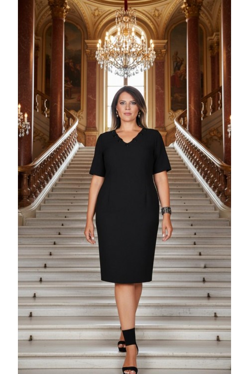Nidya Moda Büyük Beden Kadın Siyah Yaka Taşlı  Krep Abiye Elbise-4027S