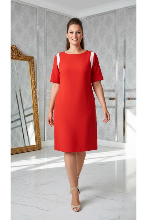 Nidya Moda Büyük Beden Kadın Kırmızı Omuz Beyaz Ay Kombinli Krep Abiye Elbise-4031K