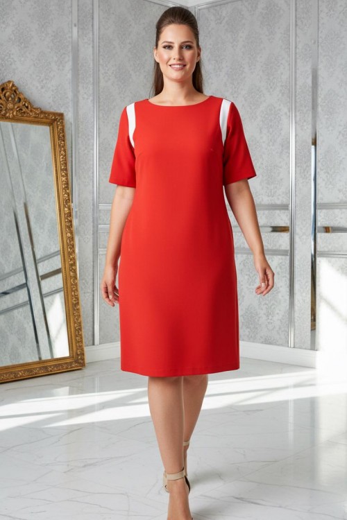 Nidya Moda Büyük Beden Kadın Kırmızı Omuz Beyaz Ay Kombinli Krep Abiye Elbise-4031K