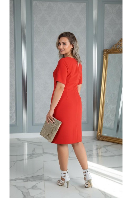 Nidya Moda Büyük Beden Kadın Kırmızı Omuz Beyaz Ay Kombinli Krep Abiye Elbise-4031K