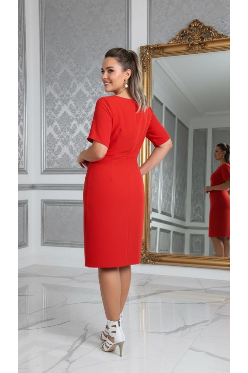 Nidya Moda Büyük Beden Kadın Kırmızı Omuz Beyaz Ay Kombinli Krep Abiye Elbise-4031K