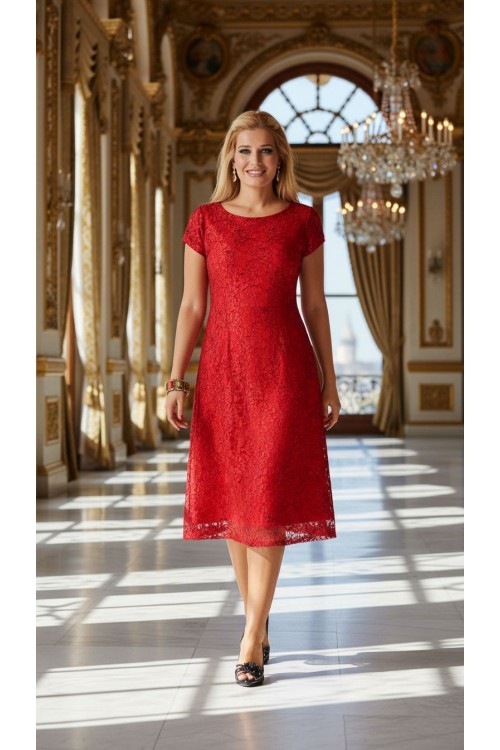 Nidya Moda Büyük Beden Kadın Kırmızı Vako  Dantel  Abiye Elbise-4035DK