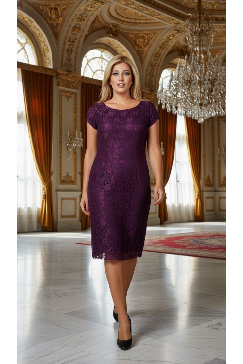 Nidya Moda Büyük Beden Kadın Mürdüm Vako  Dantel Abiye Elbise-4035DM