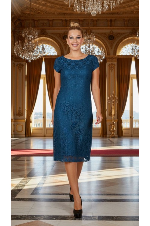 Nidya Moda Büyük Beden Kadın  Petrol Vako Dantel Abiye  Elbise-4035DP