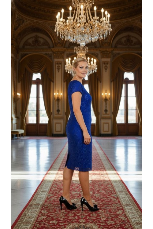 Nidya Moda Büyük Beden Kadın Saks Vako Dantel  Abiye Elbise-4035DSX