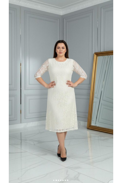 Nidya Moda Büyük Beden Kadın Ekru Dantel Kloş Abiye Elbise-4036E
