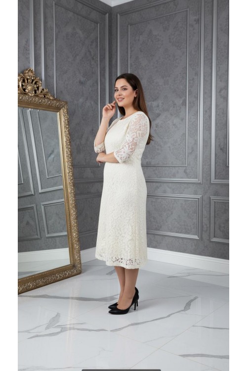 Nidya Moda Büyük Beden Kadın Ekru Dantel Kloş Abiye Elbise-4036E