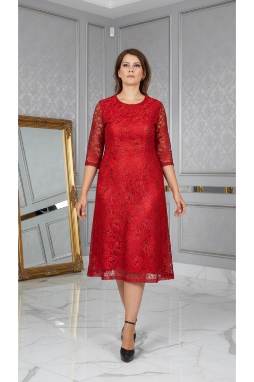 Nidya Moda Büyük Beden Kadın Kırmızı Sıfır Yaka Kloş Dantel Abiye Elbise-4036K