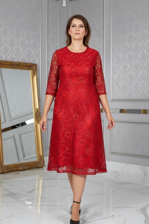 Nidya Moda Büyük Beden Kadın Kırmızı Sıfır Yaka Kloş Dantel Abiye Elbise-4036K