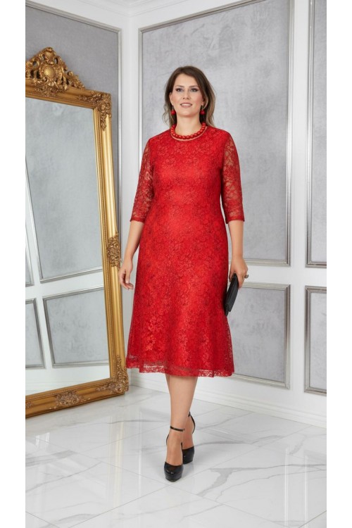 Nidya Moda Büyük Beden Kadın Kırmızı Sıfır Yaka Kloş Dantel Abiye Elbise-4036K