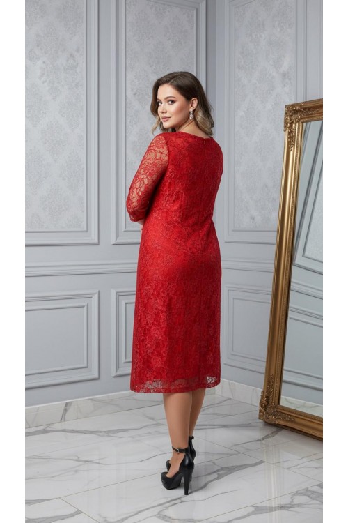 Nidya Moda Büyük Beden Kadın Kırmızı Sıfır Yaka Kloş Dantel Abiye Elbise-4036K