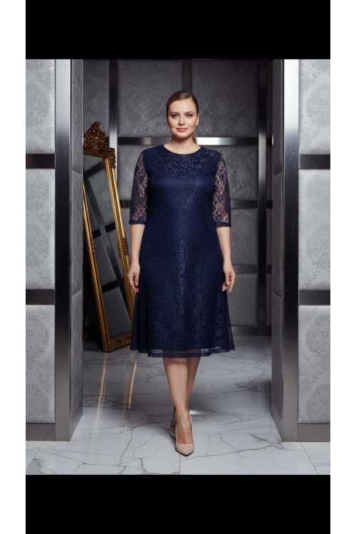 Nidya Moda Büyük Beden Kadın Lacivert Kloş Dantel  Abiye Elbise-4036L