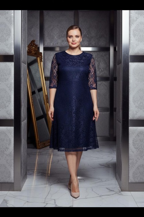 Nidya Moda Büyük Beden Kadın Lacivert Kloş Dantel  Abiye Elbise-4036L
