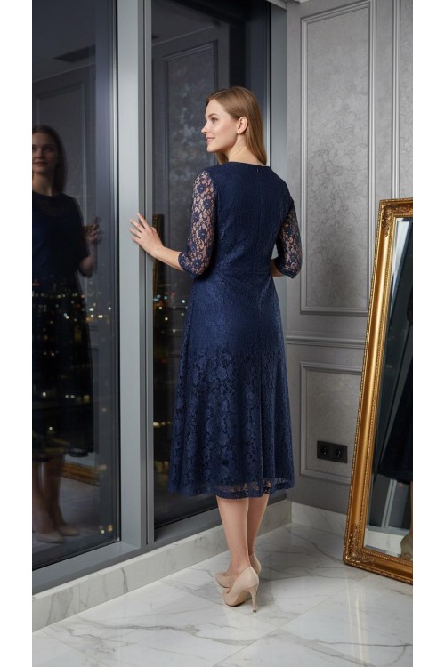 Nidya Moda Büyük Beden Kadın Lacivert Kloş Dantel  Abiye Elbise-4036L
