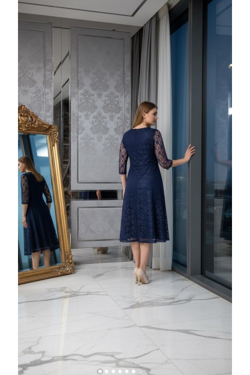 Nidya Moda Büyük Beden Kadın Lacivert Kloş Dantel  Abiye Elbise-4036L
