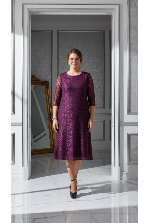 Nidya Moda Büyük Beden Kadın Mürdüm Sıfır Yaka Kloş Dantel  Abiye Elbise-4036M