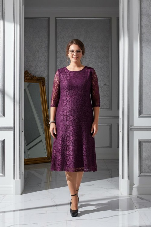 Nidya Moda Büyük Beden Kadın Mürdüm Sıfır Yaka Kloş Dantel  Abiye Elbise-4036M