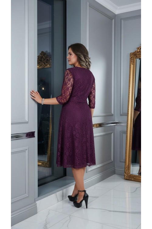 Nidya Moda Büyük Beden Kadın Mürdüm Sıfır Yaka Kloş Dantel  Abiye Elbise-4036M