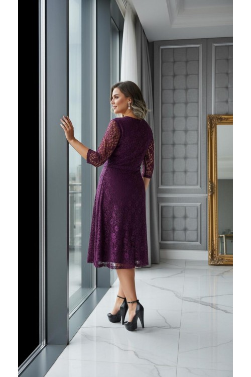 Nidya Moda Büyük Beden Kadın Mürdüm Sıfır Yaka Kloş Dantel  Abiye Elbise-4036M