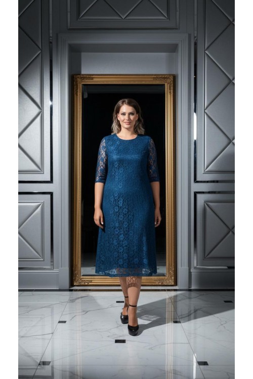 Nidya Moda Büyük Beden Kadın Petrol Sıfır Yaka Dantel Kloş  Abiye Elbise-4036P