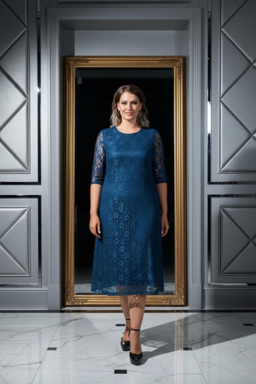 Nidya Moda Büyük Beden Kadın Petrol Sıfır Yaka Dantel Kloş  Abiye Elbise-4036P