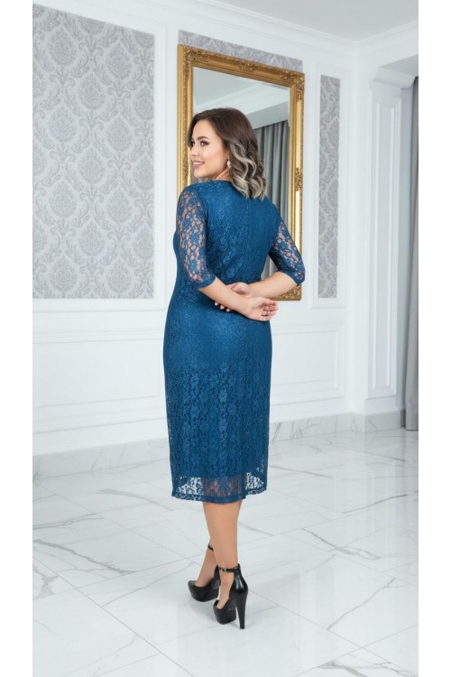 Nidya Moda Büyük Beden Kadın Petrol Sıfır Yaka Dantel Kloş  Abiye Elbise-4036P
