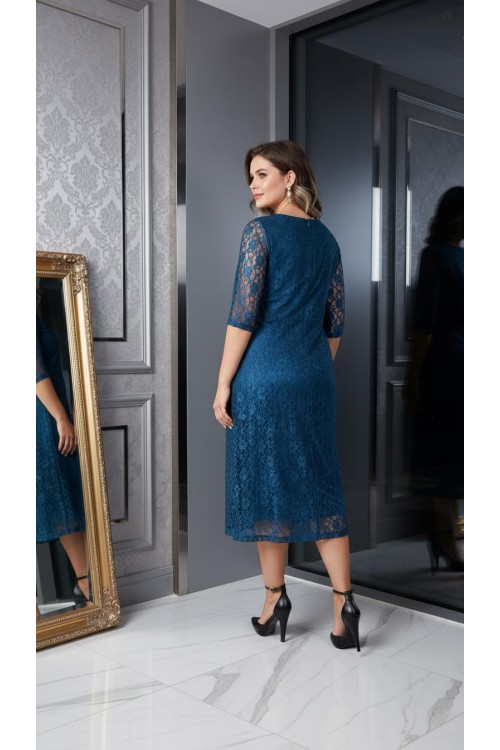 Nidya Moda Büyük Beden Kadın Petrol Sıfır Yaka Dantel Kloş  Abiye Elbise-4036P