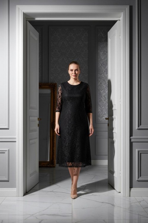 Nidya Moda Büyük Beden Kadın Siyah Sıfır Yaka Kloş Dantel Abiye Elbise-4036S